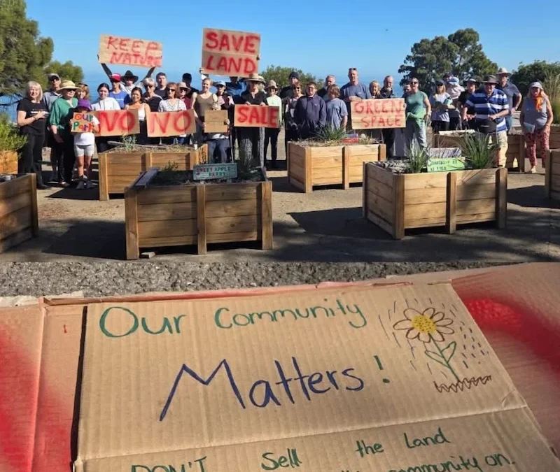 Residents gather to protest the proposed sale of McConnell Reserve land